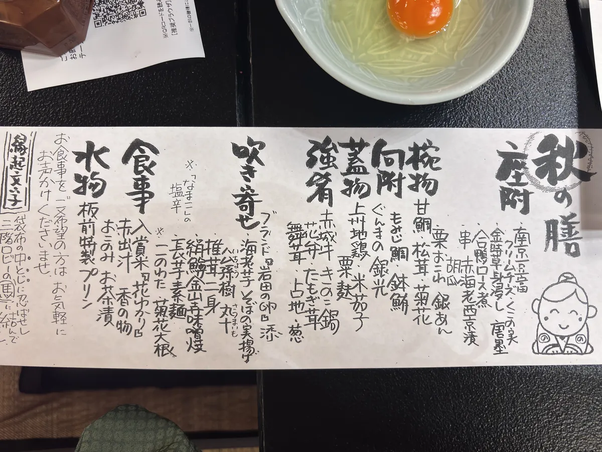 和心の宿 大森の夕食のお品書き（秋の膳）と、すき焼き風の赤城牛につける卵